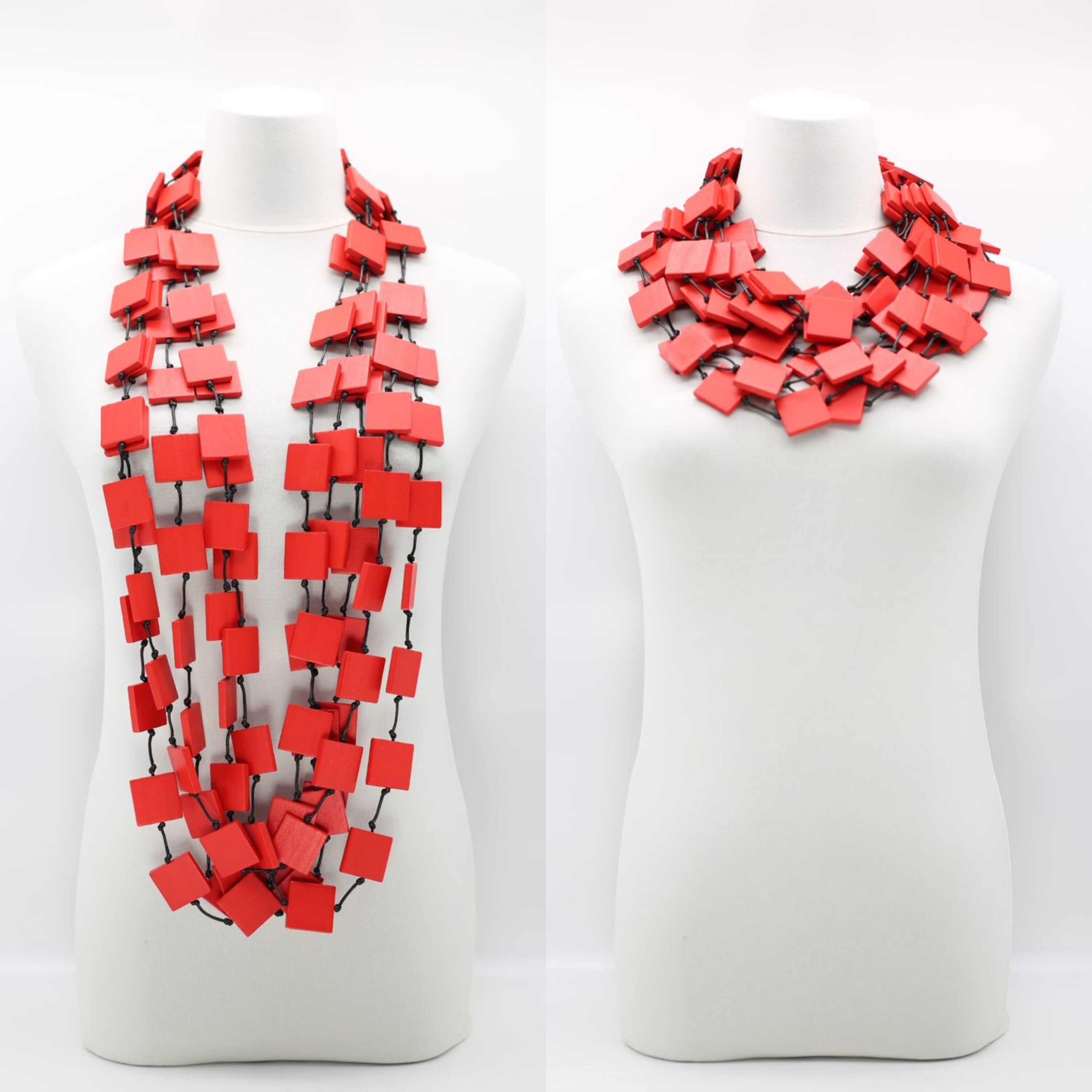 Collier 5 rangs 3 x 3 Carrés - Rouge