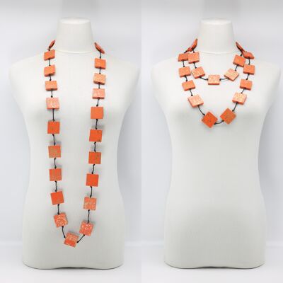 Recycled Wood Square Beaded Necklace - Hand painted - Long - Orange with Gold