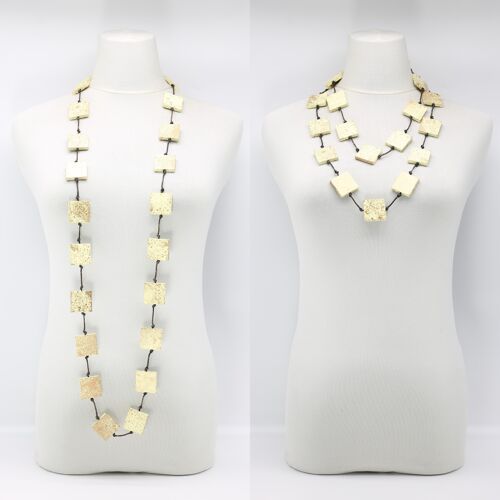 Recycled Wood Square Beaded Necklace - Hand painted - Long - Cream with Gold