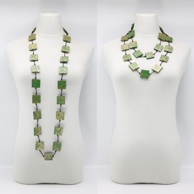 Recycled Wood Square Beaded Necklace - Hand painted - Long - Green with Gold