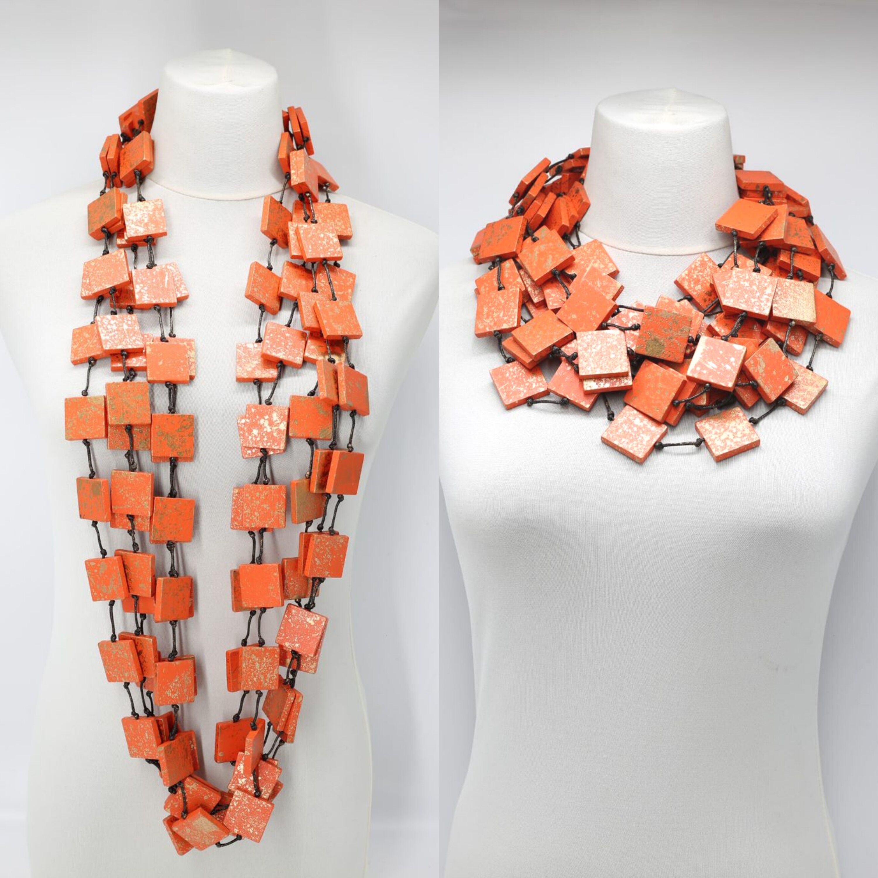 Collana 5 fili 3 x 3 quadrati - Dipinta a mano - Arancione con oro