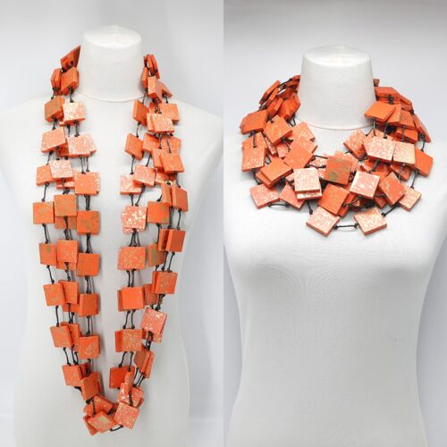 5 Strand 3 x 3 Squares Necklace - Hand painted - Orange with Gold