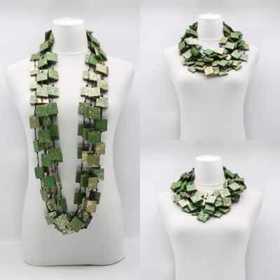 5 Strand 3 x 3 Squares Necklace - Hand painted - Green with Gold