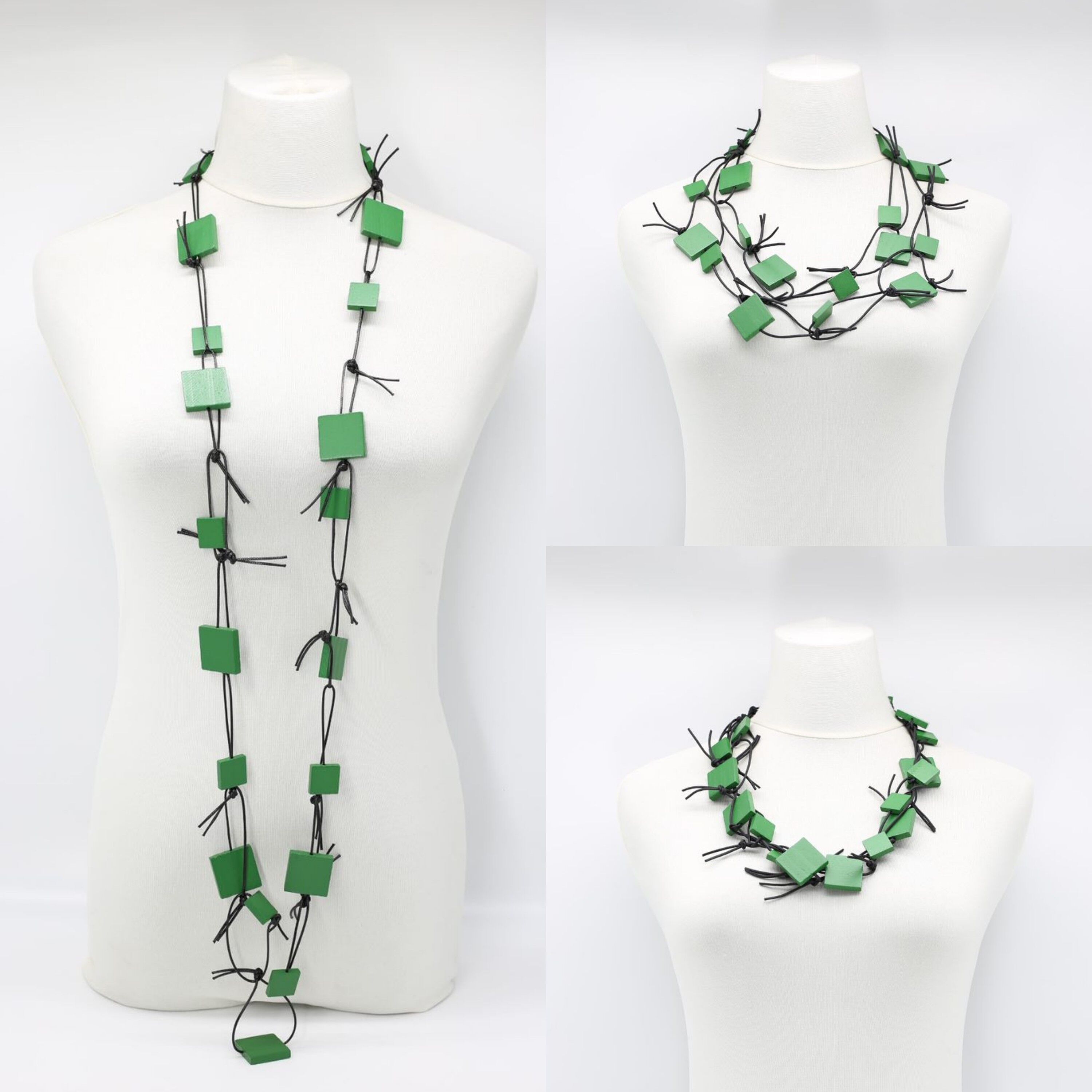 Collana a catena in similpelle con quadrati di legno - verde primavera