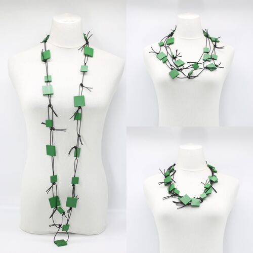 Wooden Squares on Leatherette Chain Necklace - Spring Green