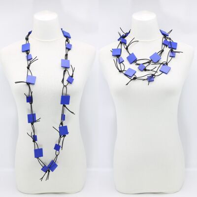 Wooden Squares on Leatherette Chain Necklace - Cobalt Blue