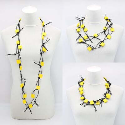 Wooden Squares on Leatherette Chain Necklace - Yellow