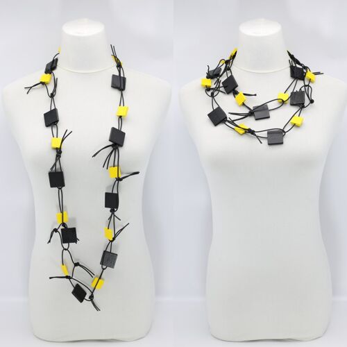 Wooden Squares on Leatherette Chain Necklace - Yellow/Black