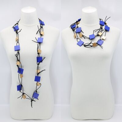 Collier Chaîne Carrés en Bois sur Simili Cuir - Bleu Cobalt/Or