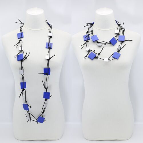 Wooden Squares on Leatherette Chain Necklace - Cobalt Blue/Silver
