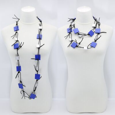 Wooden Squares on Leatherette Chain Necklace - Cobalt Blue/Silver