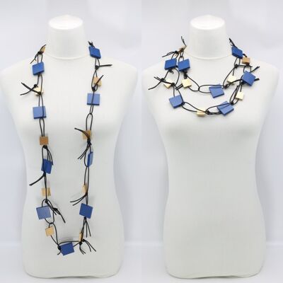 Collier Chaîne Carrés en Bois sur Similicuir - Bleu Classique Pantone/Or