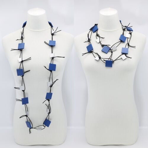 Wooden Squares on Leatherette Chain Necklace - Pantone Classic Blue/Silver