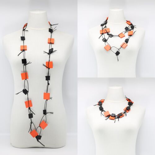 Wooden Squares on Leatherette Chain Necklace - Orange/Black