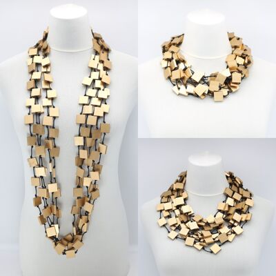 Recycled Wood Square 5 Strand Necklace - Gold