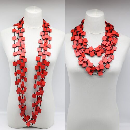 Recycled Wood Square 5 Strand Necklace - Red