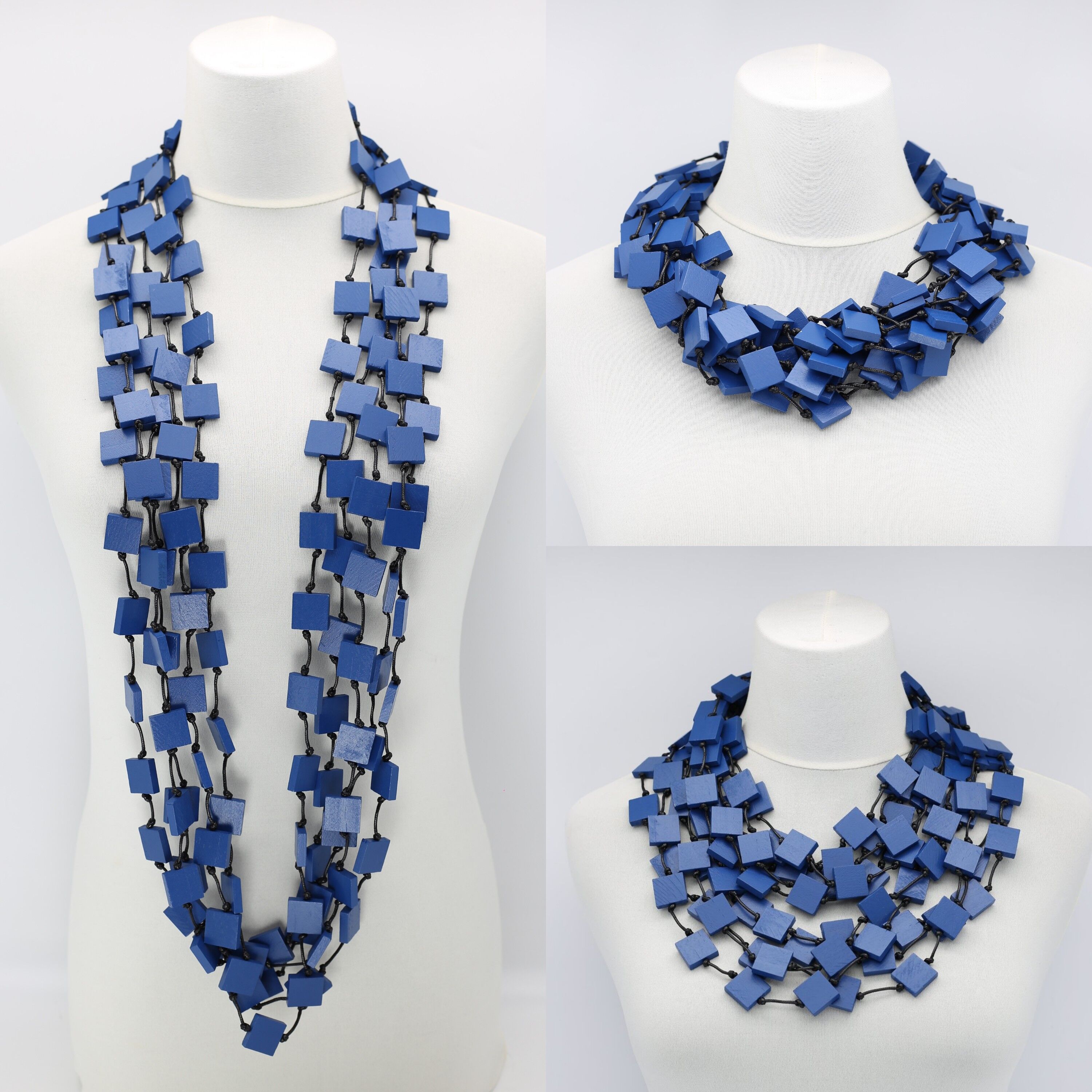 Collier carré en bois recyclé à 5 rangs - Pantone Classic Blue