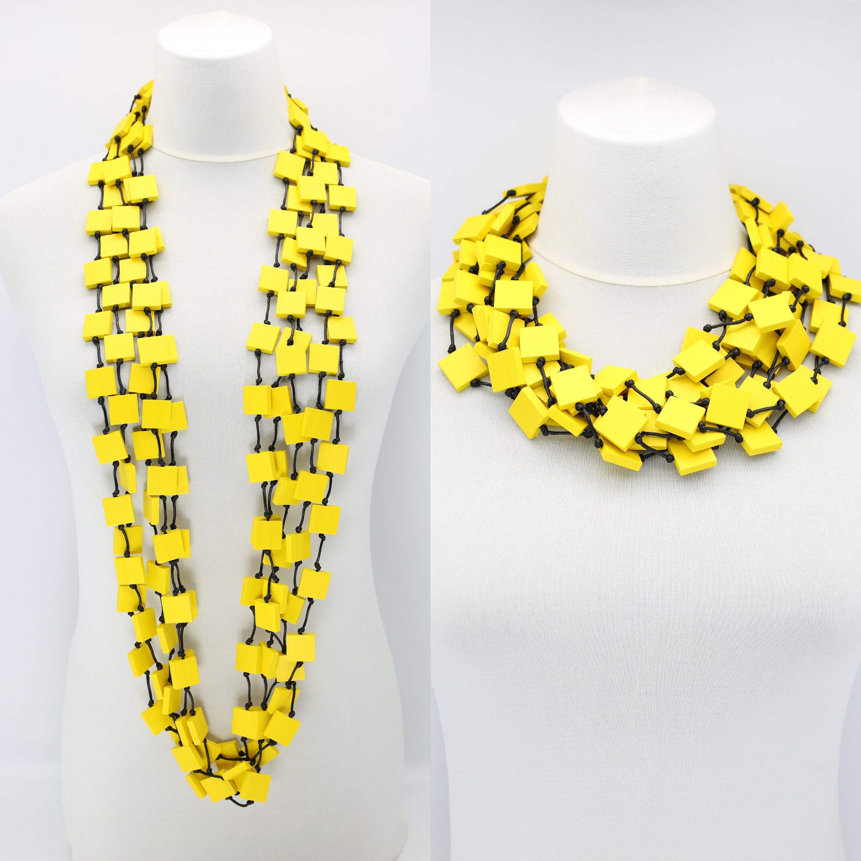 Collier carré 5 rangs en bois recyclé - Jaune