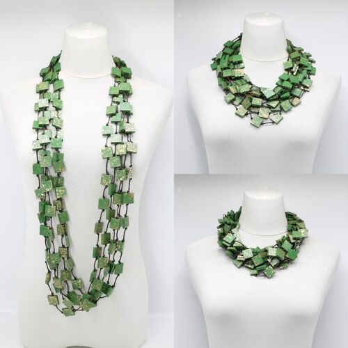 Recycled Wood Square 5 Strand Necklace - Hand painted - Spring Green/Gold