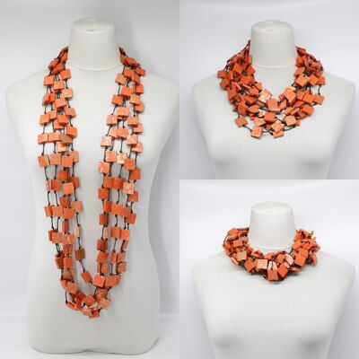 Collar Cuadrado de Madera Reciclada de 5 Hilos - Pintado a Mano - Naranja / Dorado