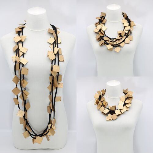 Wooden Squares on Cord Necklace - Large - Gold