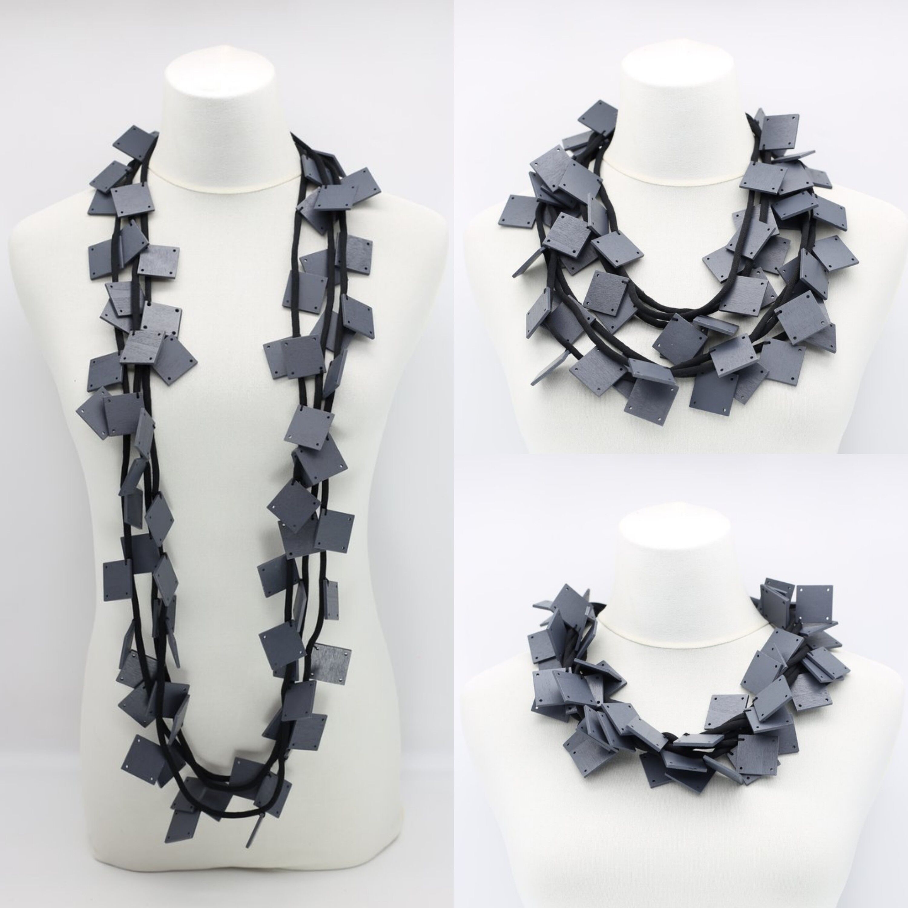 Collana con quadrati in legno su cordino - Grande - Grigio