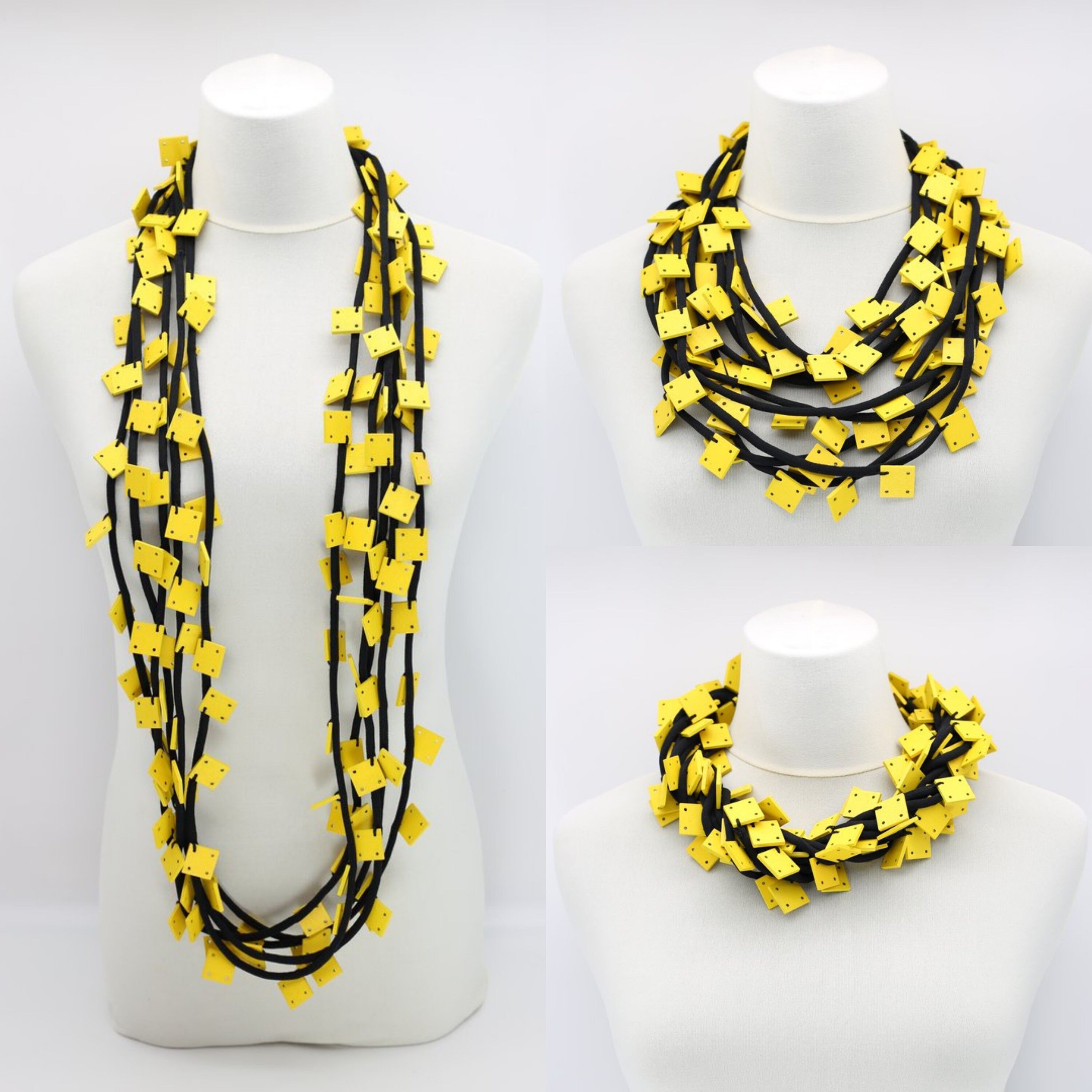 Halskette mit Holzquadraten auf Kordel - Klein - Gelb