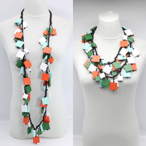 Wooden Squares on Cotton Cord Necklace - Long -Multi