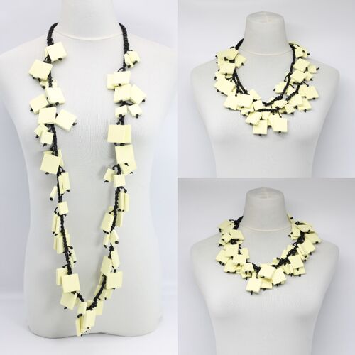 Wooden Squares on Cotton Cord Necklace - Long - Cream