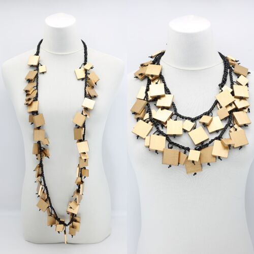 Wooden Squares on Cotton Cord Necklace - Long - Gold