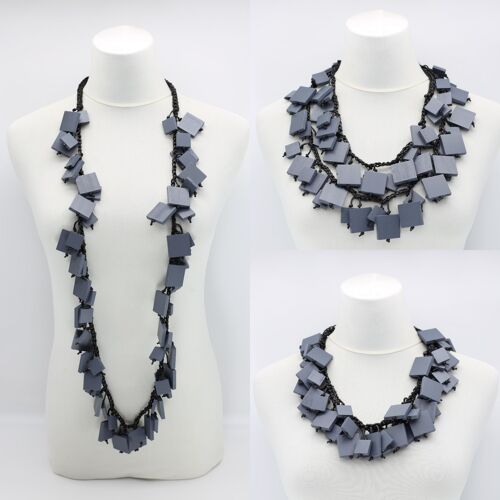 Wooden Squares on Cotton Cord Necklace - Long - Grey