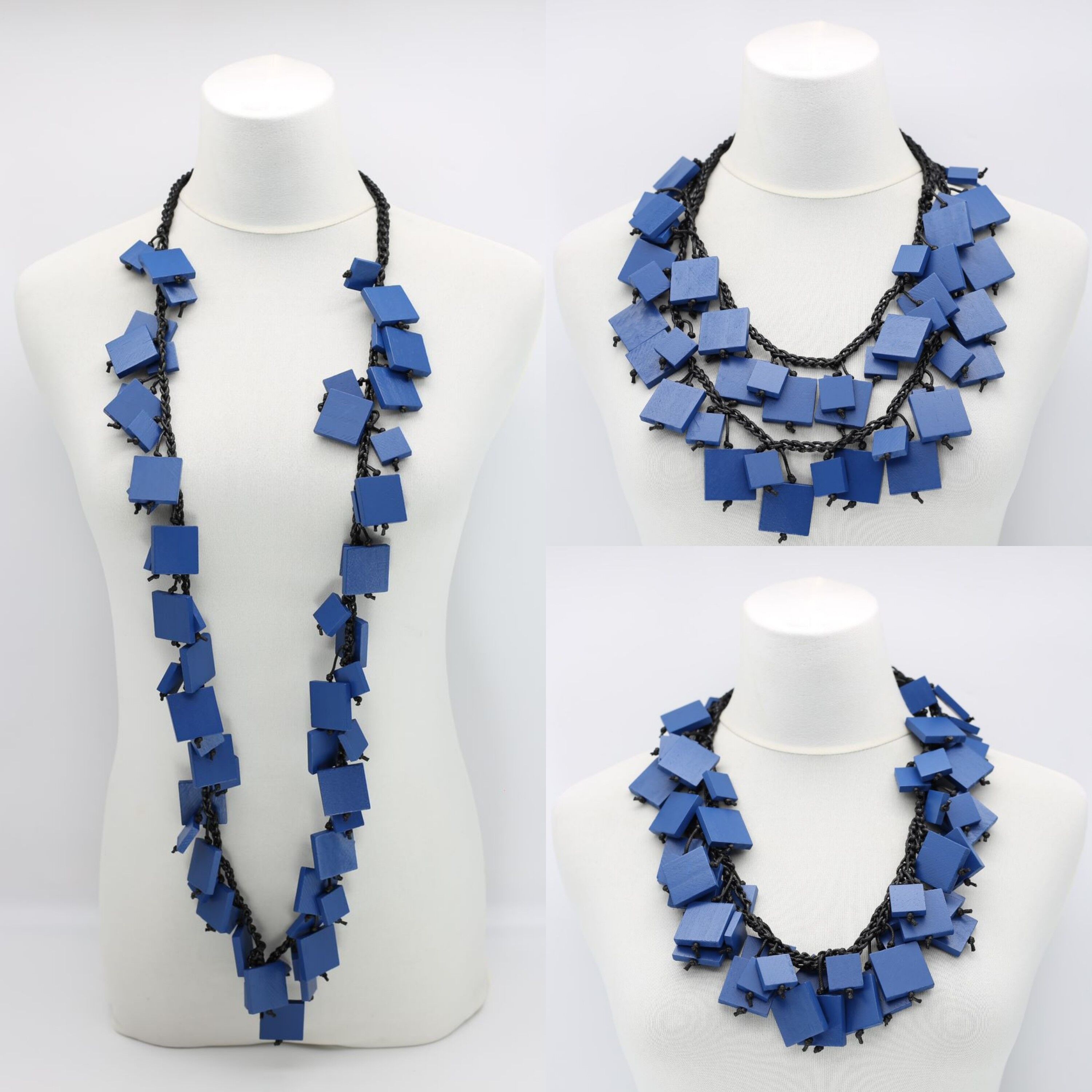 Collana in cordoncino di cotone con quadrati di legno - Lunga - Pantone Classic Blue