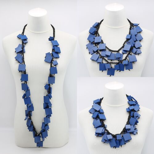 Wooden Squares on Cotton Cord Necklace - Long - Pantone Classic Blue