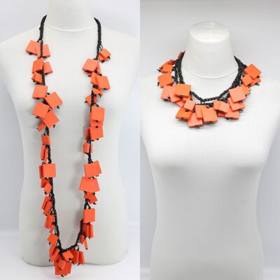 Wooden Squares on Cotton Cord Necklace - Long - Orange