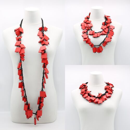 Wooden Squares on Cotton Cord Necklace - Long - Red