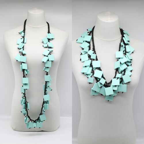 Wooden Squares on Cotton Cord Necklace - Long - Turquoise