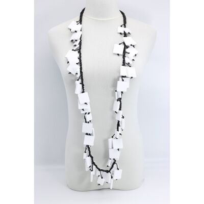 Wooden Squares on Cotton Cord Necklace - Long - White