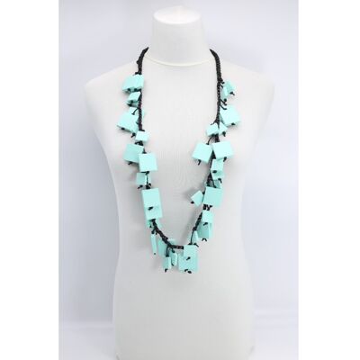Wooden Squares on Crochet Cotton Cord Necklace - Short - Turquoise