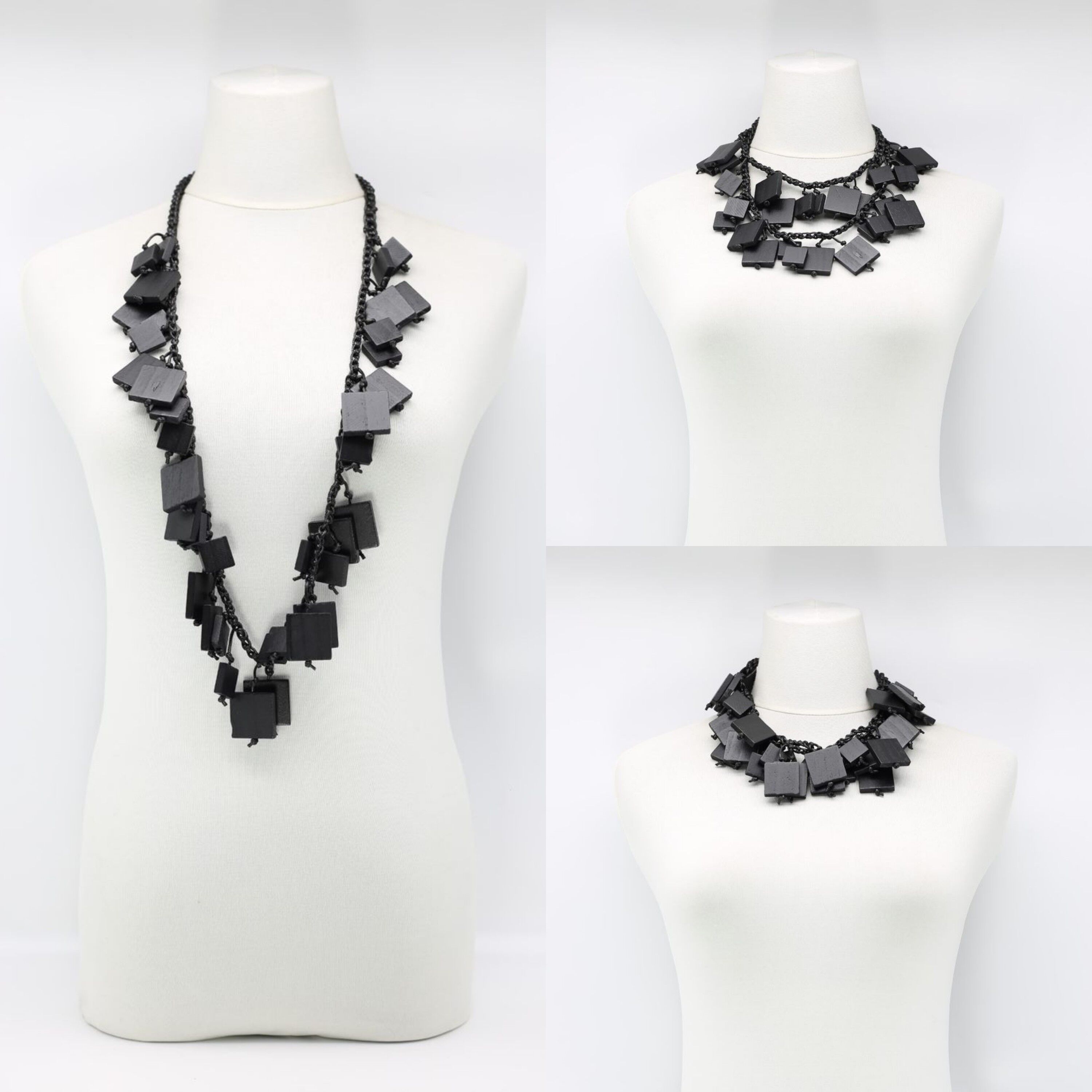 Holzquadrate auf gehäkelter Baumwollkordel-Halskette - Kurz - Schwarz