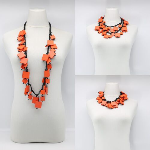 Wooden Squares on Crochet Cotton Cord Necklace - Short - Orange