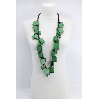 Wooden Squares on Crochet Cotton Cord Necklace - Short - Spring Green