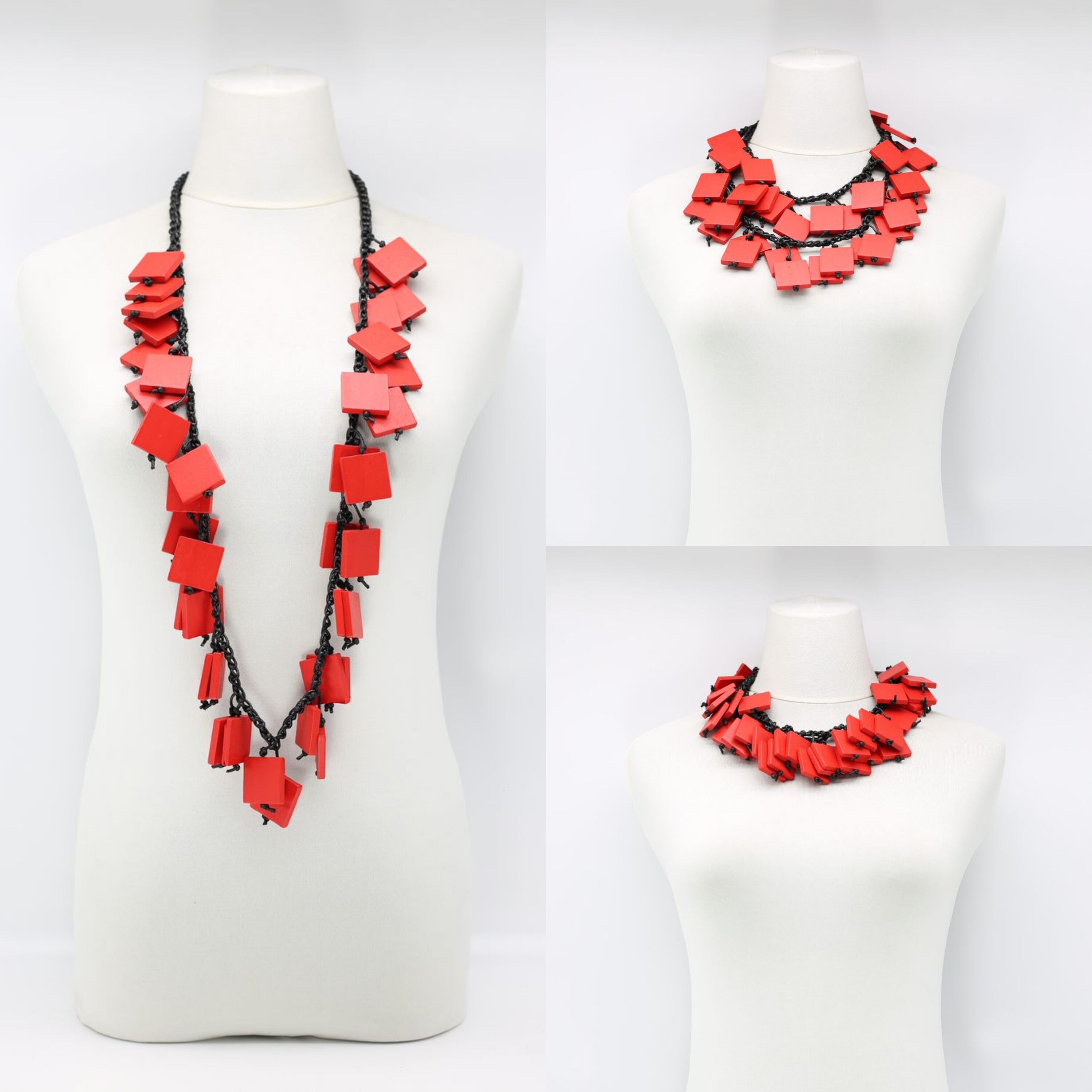 Hölzerne Quadrate auf gehäkelter Baumwollkordel-Halskette - Kurz - Rot