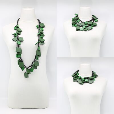 Collier Carrés de Bois sur Cordon de Coton Crochet - Duo - Mélange Vert