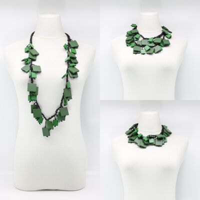 Wooden Squares on Crochet Cotton Cord Necklace - Duo - Green Mix