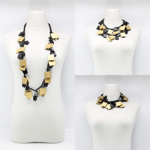 Wooden Squares on Crochet Cotton Cord Necklace - Duo - Gold/Black