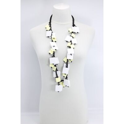 Wooden Squares on Crochet Cotton Cord Necklace - Duo - White/Cream