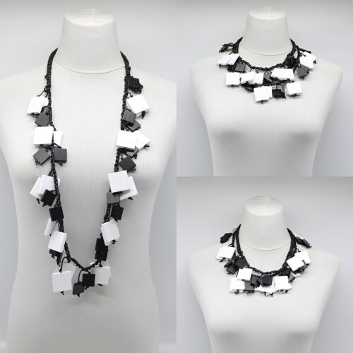 Wooden Squares on Crochet Cotton Cord Necklace - Duo - White/Black