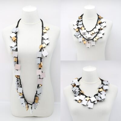 Wooden Squares on Cotton Cord Necklace - Duo - Silver/Gold