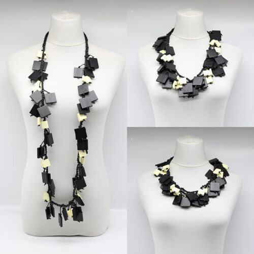 Wooden Squares on Cotton Cord Necklace - Duo - Black/Cream