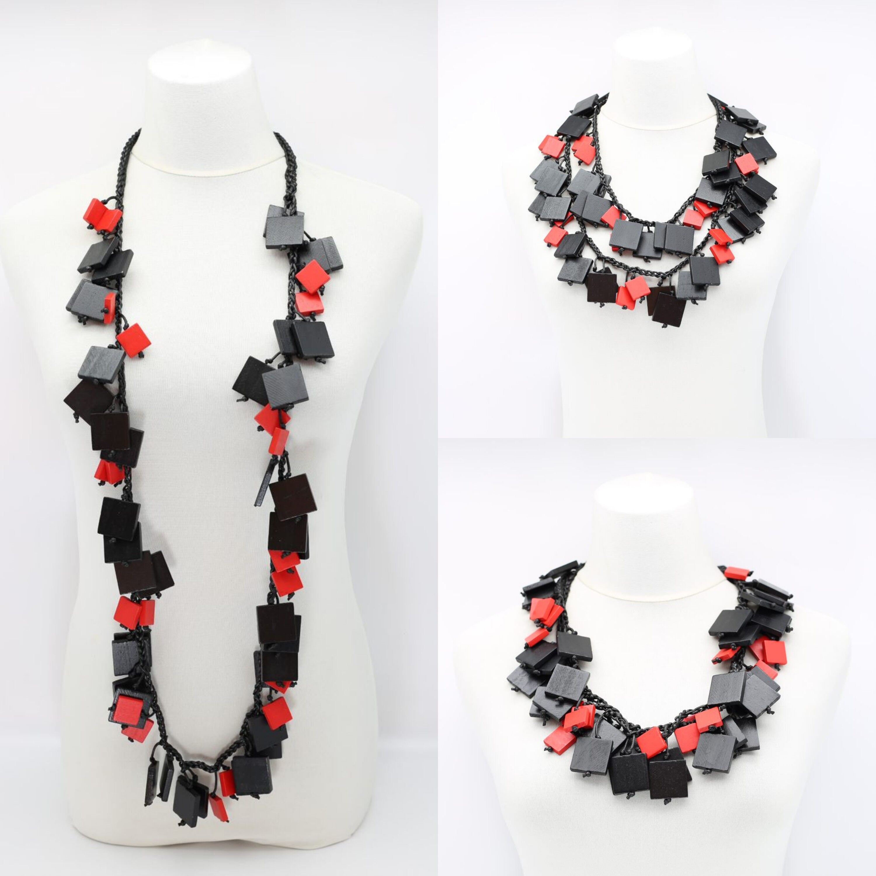 Collana in cordoncino di cotone con quadrati di legno - Duo - Nero/Rosso